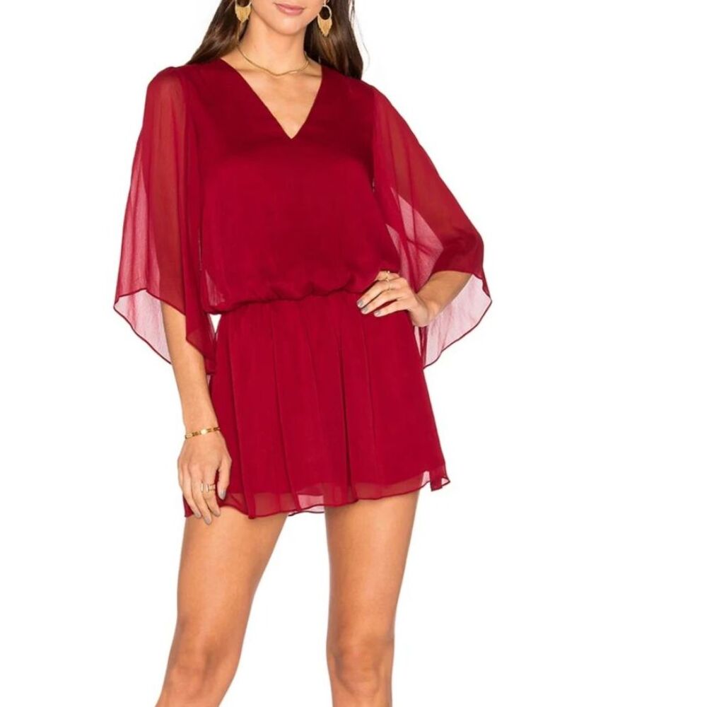 Alice + Olivia Dark Red V-Neck Long Sleeve Gathered Drop Waist Dress Sz M